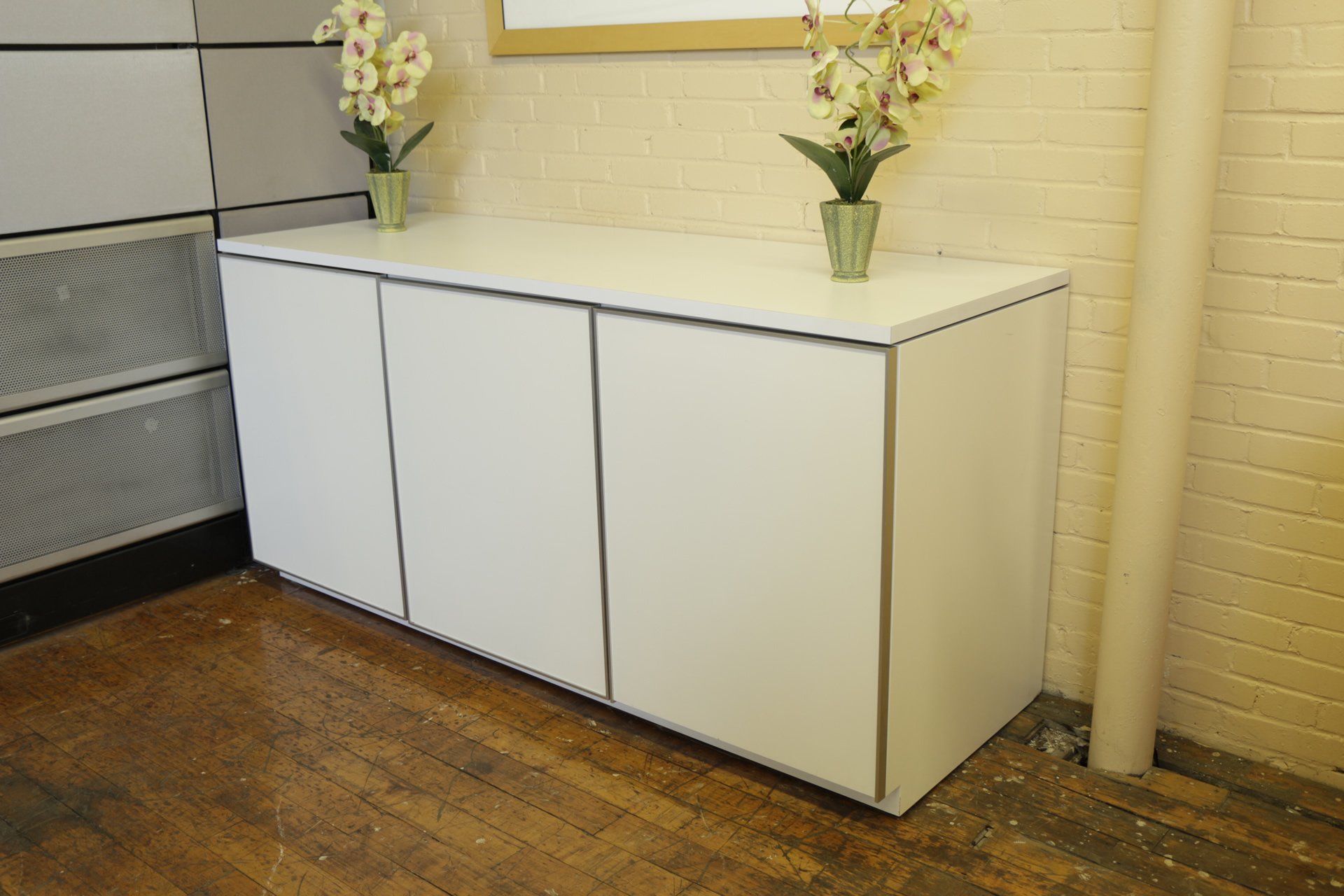 White Neinkamper 3 Door Credenza with Metallic Trim