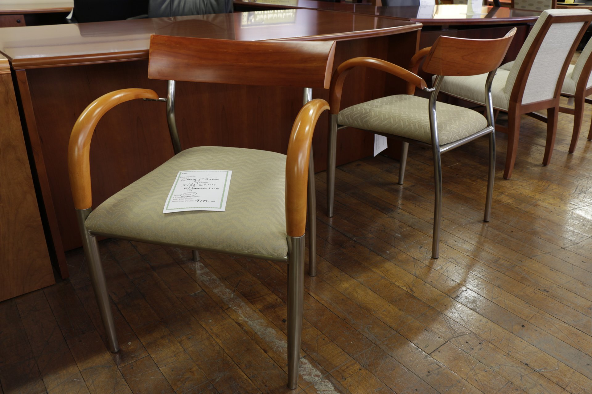 Cherry and Chrome Frame Side Chairs with Fabric Seats
