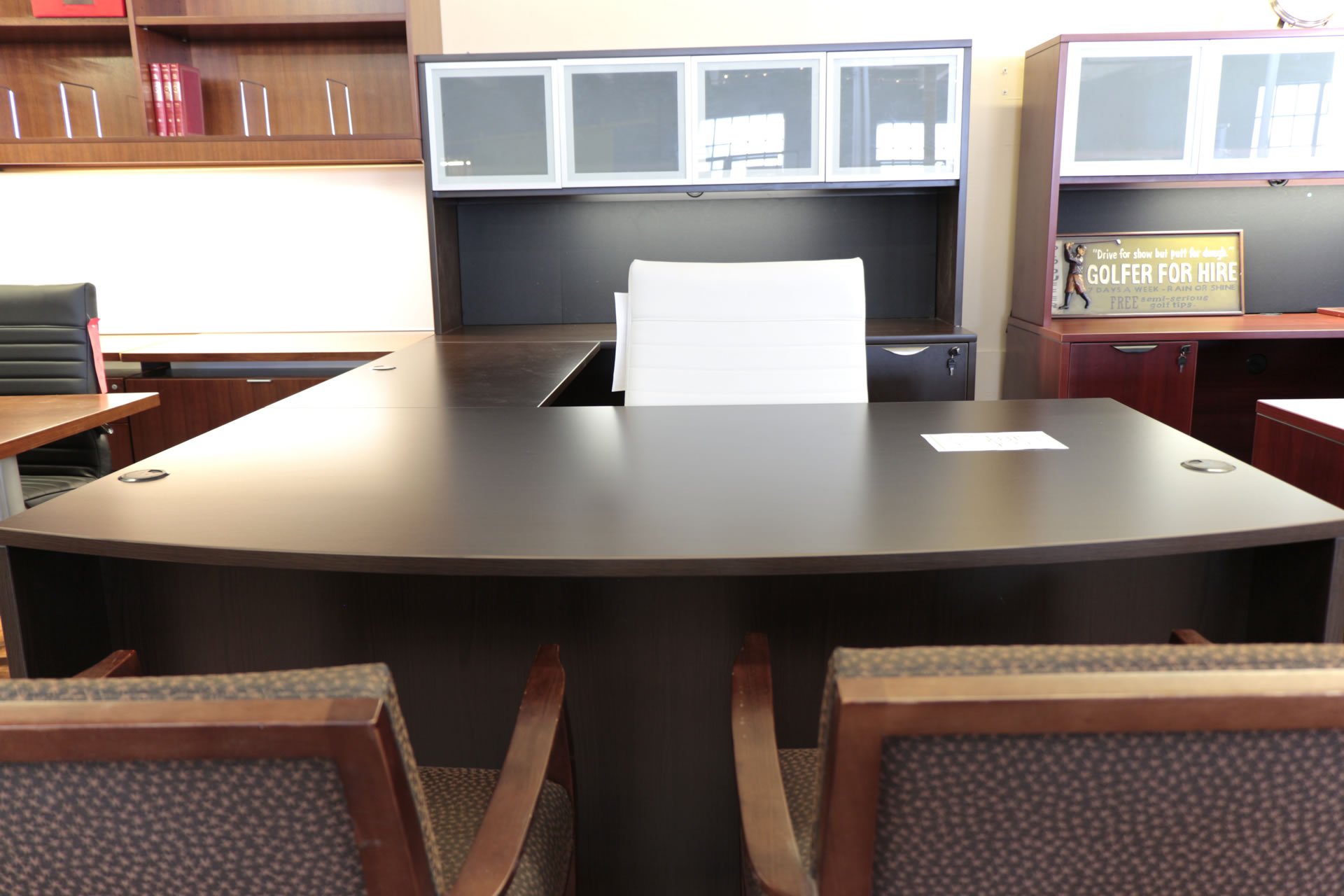 Warren Series New U-Shaped Espresso Laminate Bow-Front Desk with Hutch and Glass Doors