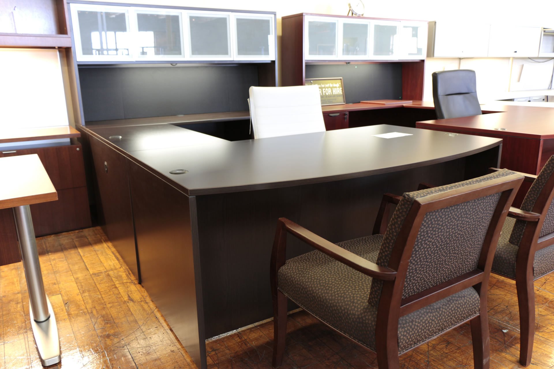 Warren Series New U-Shaped Espresso Laminate Bow-Front Desk with Hutch and Glass Doors