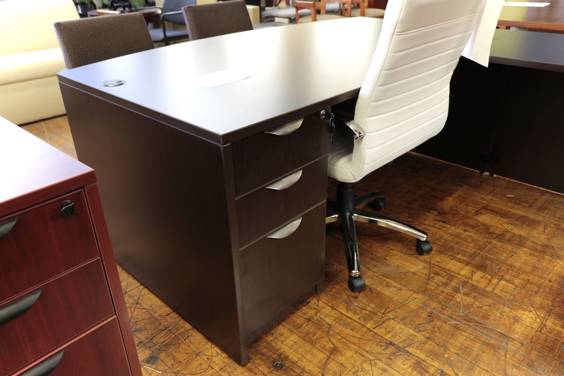 Warren Series New U-Shaped Espresso Laminate Bow-Front Desk with Hutch and Glass Doors
